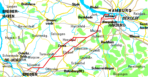 radweit: Hamburg – Bremen per Fahrrad, Übersicht der direkten Route